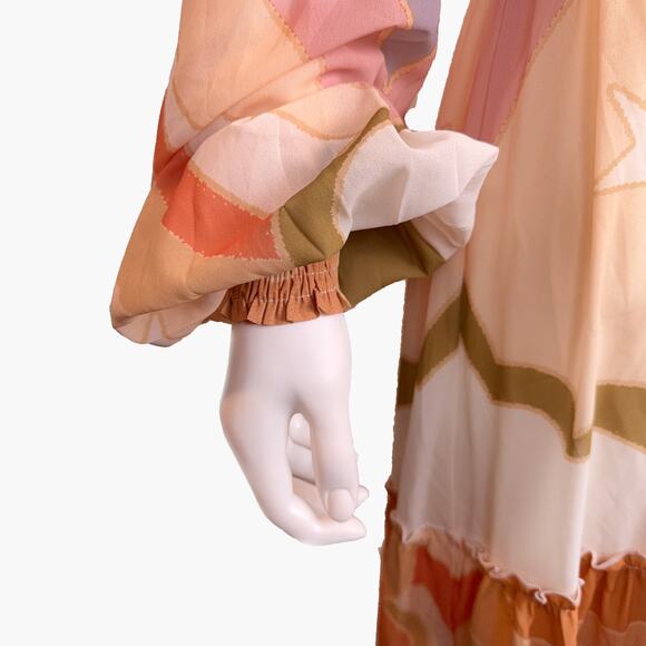 NWOT AURA Retro Starburst Long-Sleeve Tiered Midi Dress (Orange/Peach | Size XS) - Picture 7 of 9